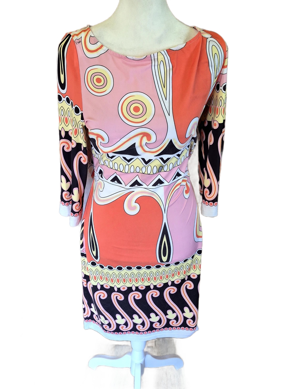 Emilio Pucci Coral & Pink Printed Long Sleeve Silk Boatneck Dress
